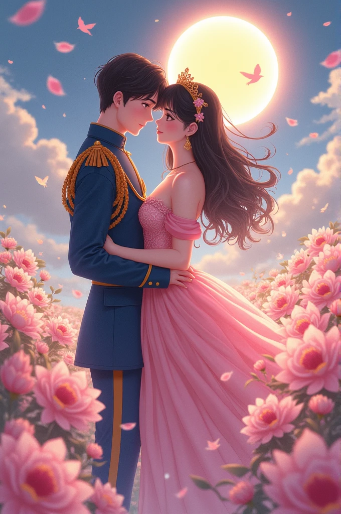 A beautiful princess with dark brown hair and black eyes wearing a aesthetic pink gown with green uniform soldier romantic moment anime style. Solar eclipse and flowers and birds in background aesthetic picture