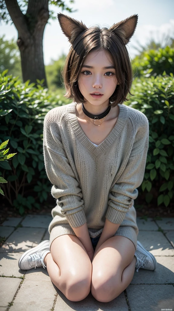 ((best quality)), ((masterpiece)), (detailed), 1boy, brown hair, dog ears, brown eyes, white top, gray sweater, no underwear, male with vagina, sitting down on the ground, legs spread, collar, black sneakers, brown dog tail, garden