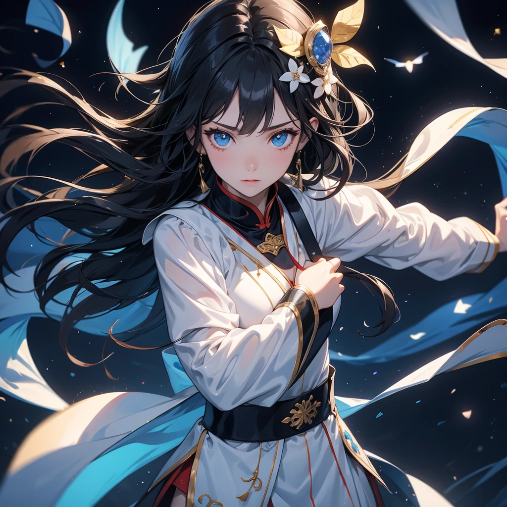 A beautiful black-haired female holding a large sword in white ancient Chinese costume, background is a dark night, with moonlight and millions of stars, twinkling everywhere, with blue light, close up.