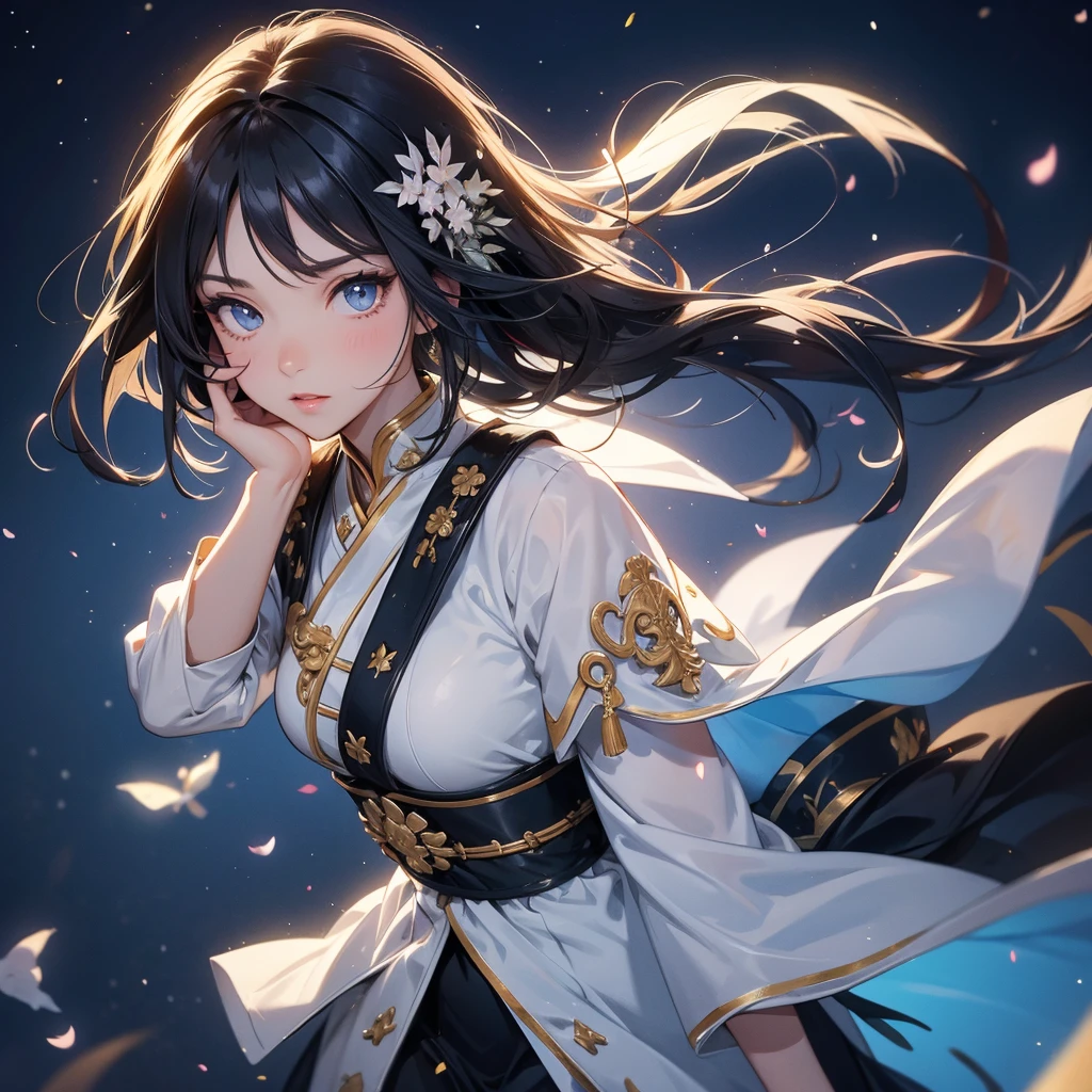 A beautiful black-haired female holding a large sword in white ancient Chinese costume, background is a dark night, with moonlight and millions of stars, twinkling everywhere, with blue light, close up.