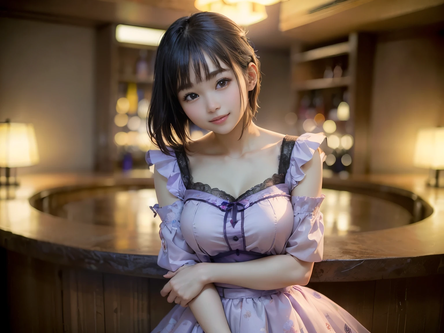 (Highest quality, masterpiece, Ultra-high resolution, 8k, RAW Photos, Realistic, Anatomically correct:1.5), 20-year-old girl:1.2, Embarrassing, avert your eyes, blush:1.0, View Viewer, ((bar)) 、Large windows、Night view、 Light:1.2, Bokeh, Cinema Lighting:1.0, Depth of written boundary, sharp、 Cute Face、Idol、(Black short sleeve lace top)、(Black tulle skirt)、(Purple clothes)、(Floral clothes)、”dwarf”、(Full Body Shot)、(Side angle)、Cowboy Shot、( smile)、((Ultra short hair、Berry Short))、(Straight bangs)、((See-through))、(( One woman))、look back、I can see your belly button、