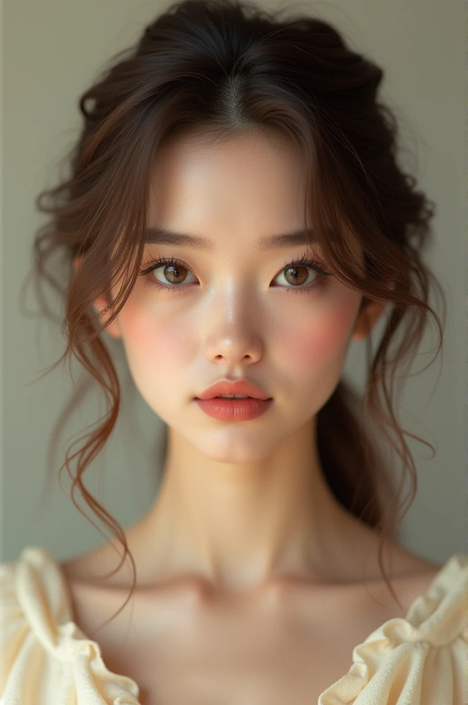 Woman, square fat face shape, almond eyes, straight eyebrow, straight nose, heart shaped lips, light brown wavy hairs, wearing cream manteau