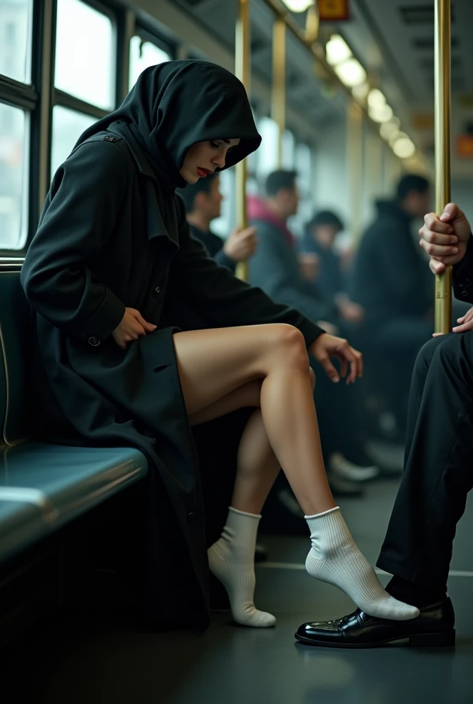 Sexy skinny girl with headscarf on the bus, black trench coat, woman in white socks. While sitting on the bus seat, he rubs his foot on the pants of the man next to him