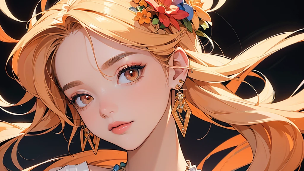 32K, 最高quality, 最高masterpiece, (ultra-Detailed Background, Detailed Background), High resolution, Super detailed, Very detailedな, 1 personの, (bouquet:1.3), (Tangled:1.2), (Geometric:1.2),(colorful),(masterpiece, quality, best quality, Official Art, Beautiful and beautiful:1.2), (1 person:1.3), Very detailed,(colorful:1.1)(Flowers:1.3),Most detailed,(Tangled:1.2), whole body, (Abstract background:1.3), (Skin glows), (Many colors:1.4), ,(Earrings Jewelry:1.5), Pale Orange Background, Gradation, It's imaginative., Flaxen Hair,