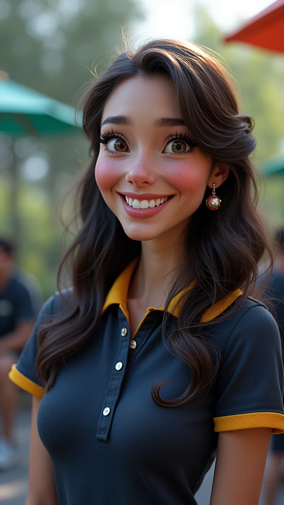 Turn this photo into a Pixar Cartoon Woman with the best quality, white polo shirt with yellow collar.