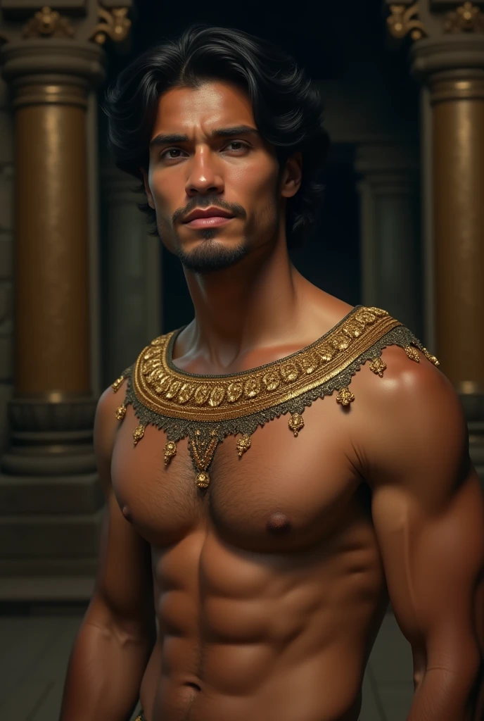 Hyper realistic, Masterpiece, detailed, 8k, a delicate and graceful image of a Handsome javanese male, shirtless, tan skin, golden ornament, golden shoulder pads, night view background, ancient indonesian building, undefined, undefined, hairy abs, wavy medium hair black, big penis, nude, naked