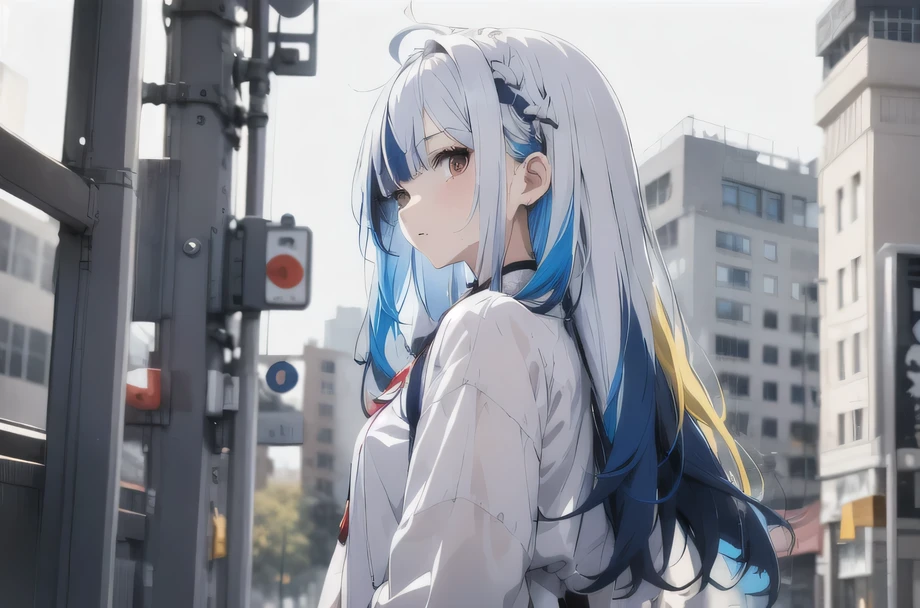 1girl,1girl, white shirt, bangs, white hair, long hair, solo, blue hair, hair over shoulder, multicolored hair, hair over eyes, dyed ahoge, colored skin, school uniform
