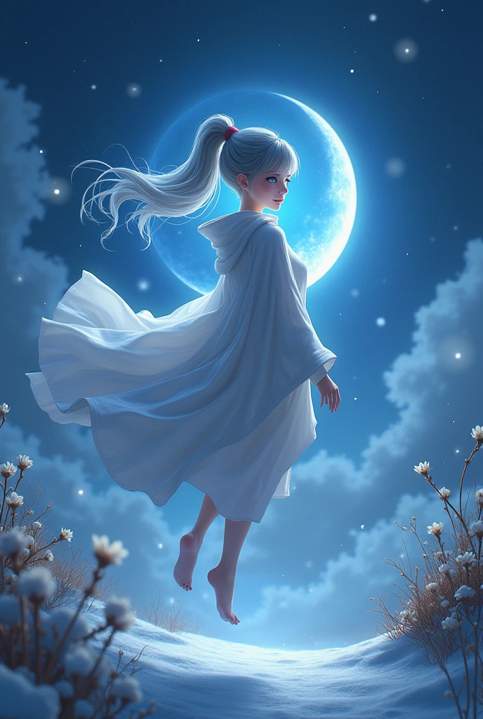 masterpiece, (Highest quality: 1.2), (Super Fine: 1.2), figure, (Very delicate and beautiful: 1.2), Film Angle, floating, (Beautiful detailing: 1.1), (Detail Light: 1.1), Film Light, Delicate Sky, woman, Gray Hair, blue eyes, (High Ponytail: 1.1), Cape, Glowing Eyes, (moon: 1.2), (moonlight: 1.1), Starry Sky, (Particles of light: 1.1), fog , Snow Painting, sketch, flowering