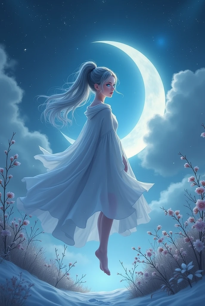 masterpiece, (Highest quality: 1.2), (Super Fine: 1.2), figure, (Very delicate and beautiful: 1.2), Film Angle, floating, (Beautiful detailing: 1.1), (Detail Light: 1.1), Film Light, Delicate Sky, woman, Gray Hair, blue eyes, (High Ponytail: 1.1), Cape, Glowing Eyes, (moon: 1.2), (moonlight: 1.1), Starry Sky, (Particles of light: 1.1), fog , Snow Painting, sketch, flowering