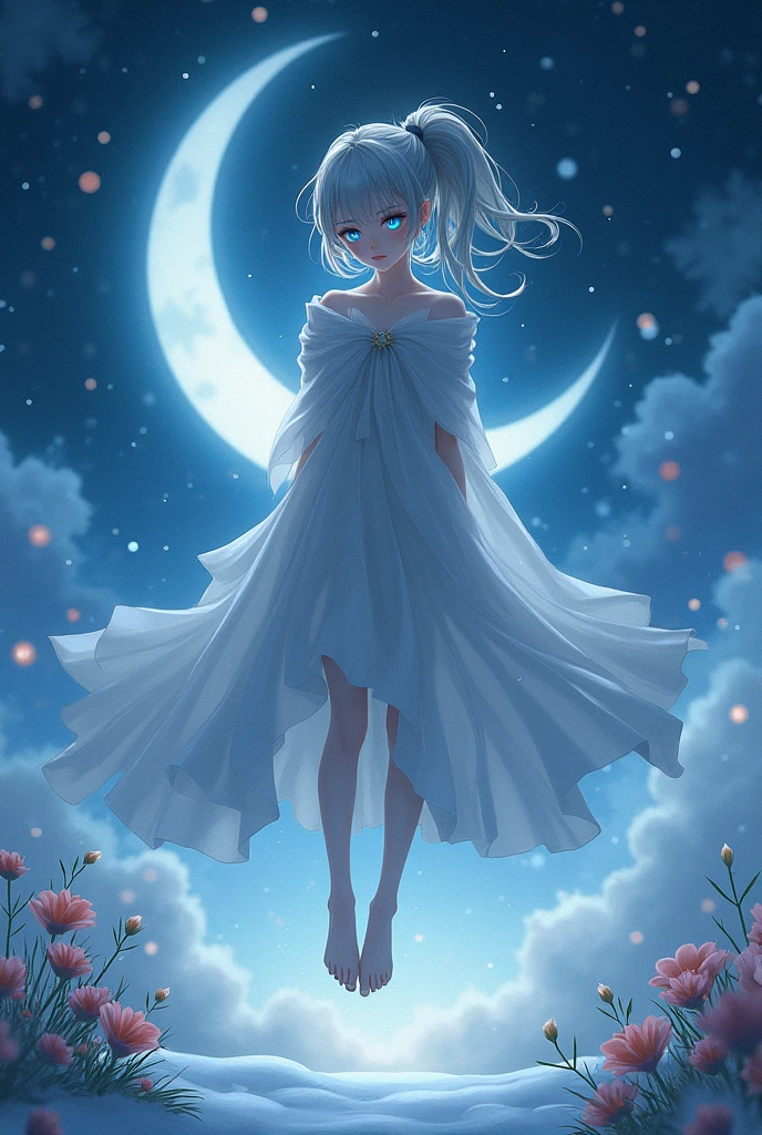 masterpiece, (Highest quality: 1.2), (Super Fine: 1.2), figure, (Very delicate and beautiful: 1.2), Film Angle, floating, (Beautiful detailing: 1.1), (Detail Light: 1.1), Film Light, Delicate Sky, woman, Gray Hair, blue eyes, (High Ponytail: 1.1), Cape, Glowing Eyes, (moon: 1.2), (moonlight: 1.1), Starry Sky, (Particles of light: 1.1), fog , Snow Painting, sketch, flowering