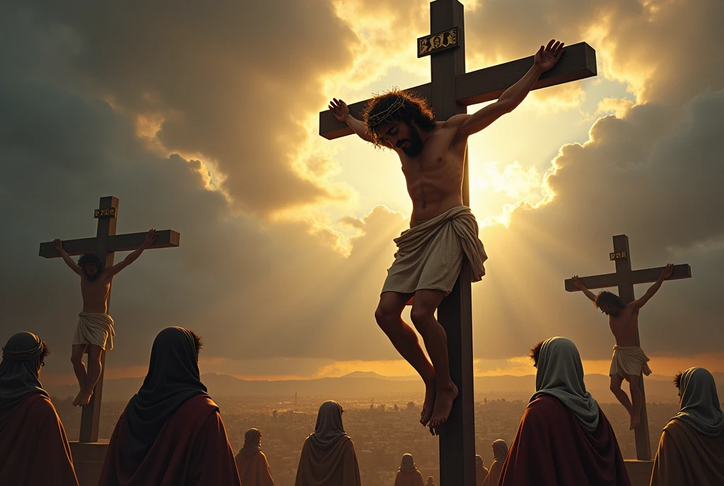 "A powerful and solemn scene of Christ crucified on Calvary, amid a dramatic sky, divided between dark clouds and rays of light. Christ is nailed to the cross, with his head bowed forward, a crown of thorns on his head, and blood flowing from his wounds. His expression is one of pain and sacrifice, but also of profound serenity. In the background, the outline of Jerusalem can be seen in the distance, while the other two crosses, with the thieves, appear to the side, a little further away. At the foot of Christ's cross, a few figures, including Mary and John, look up with sadness and devotion, capturing the emotional intensity of the moment."