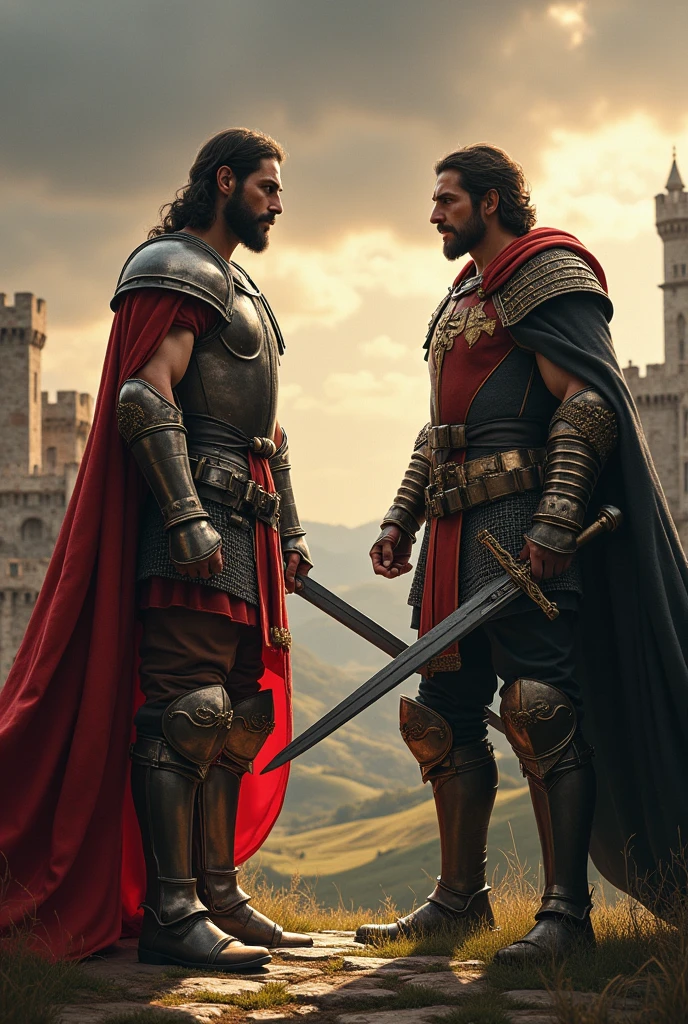 Create an image in which the comparison between is clearly visible: JUSTICE AND REVENGE you represent in two people 1.- My Cid, a medieval hero, opts for justice and moderation, making him an example of righteousness and wisdom 2.- another medieval hero who leans towards personal revenge and ambition