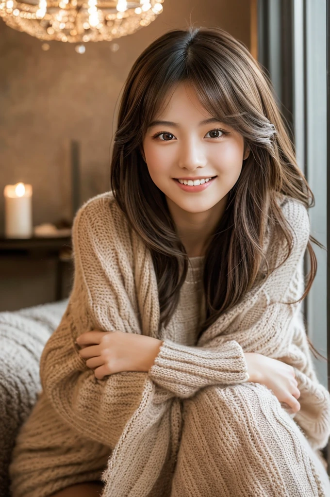 8k, RAW photo, best quality, masterpiece:1.2), (realistic, photo-realistic:1.4), (extremely detailed 8k wallpaper),Generate an AI image of a beautiful 20-year-old Japanese woman with an irresistibly charming smile, relaxing at her boyfriend's house. She is sitting comfortably, with a cozy and intimate atmosphere surrounding her. Her hairstyle is meticulously styled, designed to be so captivating and elegant that it feels like love at first sight. Her eyes sparkle with warmth and affection, creating a sense of deep connection. The lighting should be soft, emphasizing the comfort and warmth of the home environment.