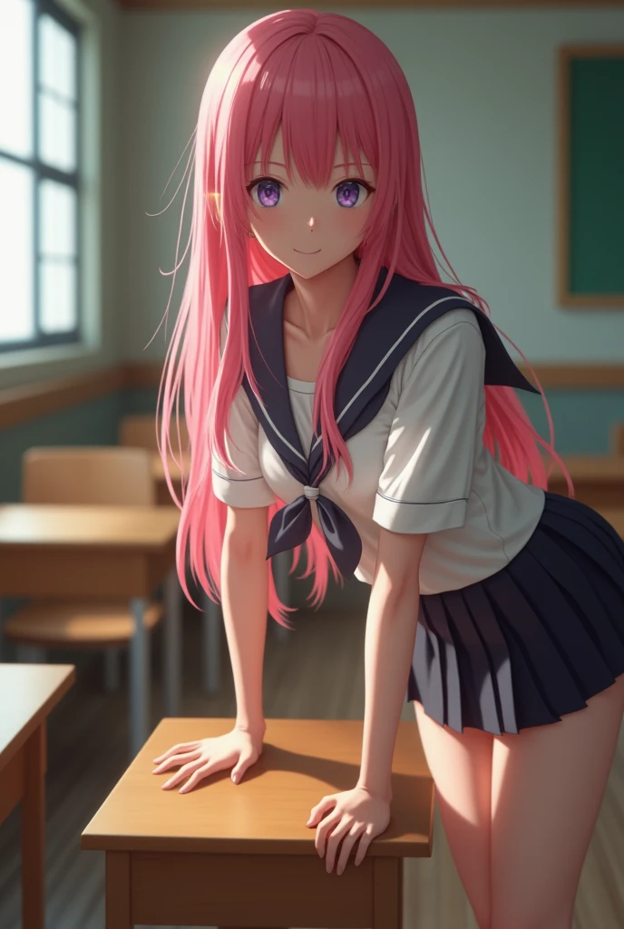 Girl with pink hair in japanese school uniform with no underwear bending over a desk