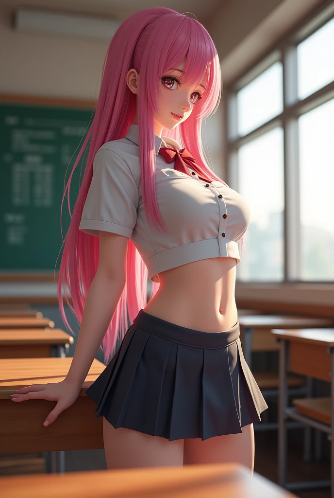 Girl with pink hair in japanese school uniform with no underwear bending over a desk