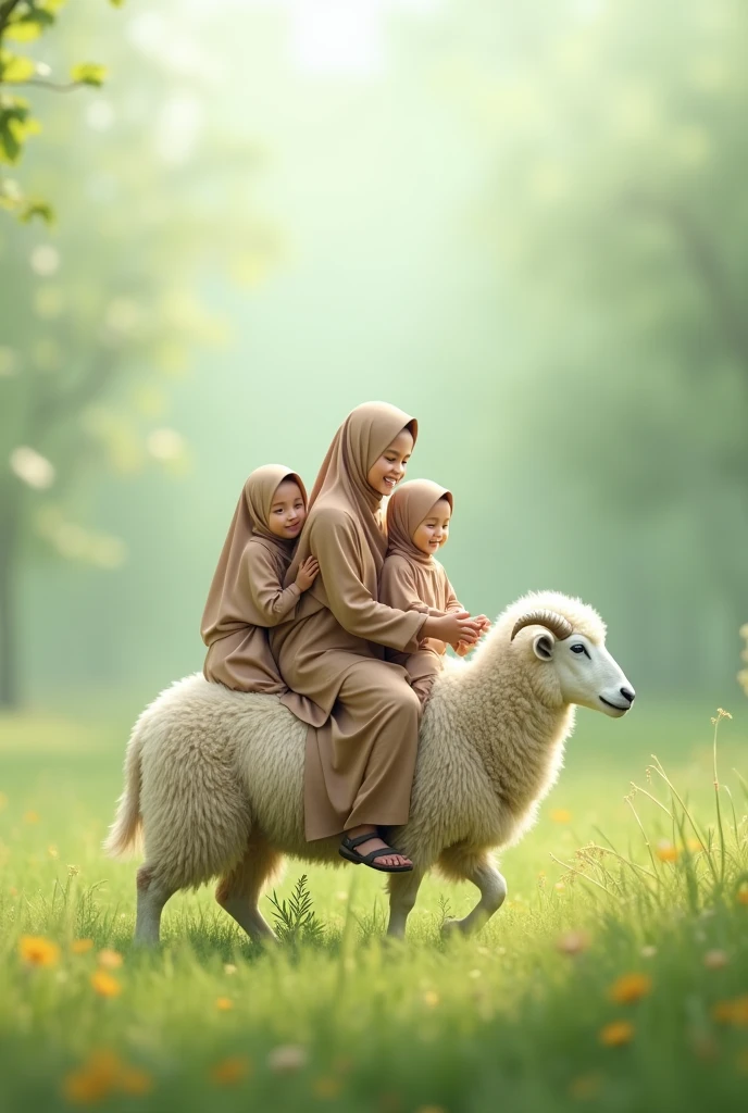 (photorealism:1.2), parents and baby in Muslim clothing riding a sheep. backgourd transparan. green nuance. Sheep standing on a grass circle with soil visible at the edges
