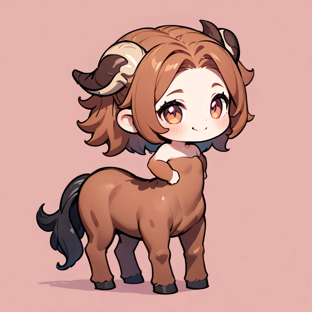 Centaur, female Centaur, Wearing a delicate off-the-shoulder dress, Chibi cute, Chibi Centaur, Mythical creatures, Cute pose, smile, Single color background, Deformation, Highest quality:1.2, Very detailed, masterpiece:1.2.