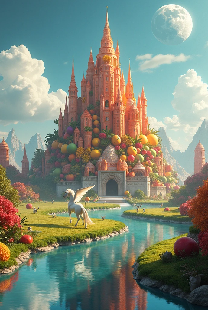 Extremely big Heaven Palace in a big area made of fruits and in front of this palace a flying horse besides it . And a full moon is giving light small angels are walking around . And in front of this palace a river of fresh water is flowing . And this palace is on fresh water where it's shadow is clear