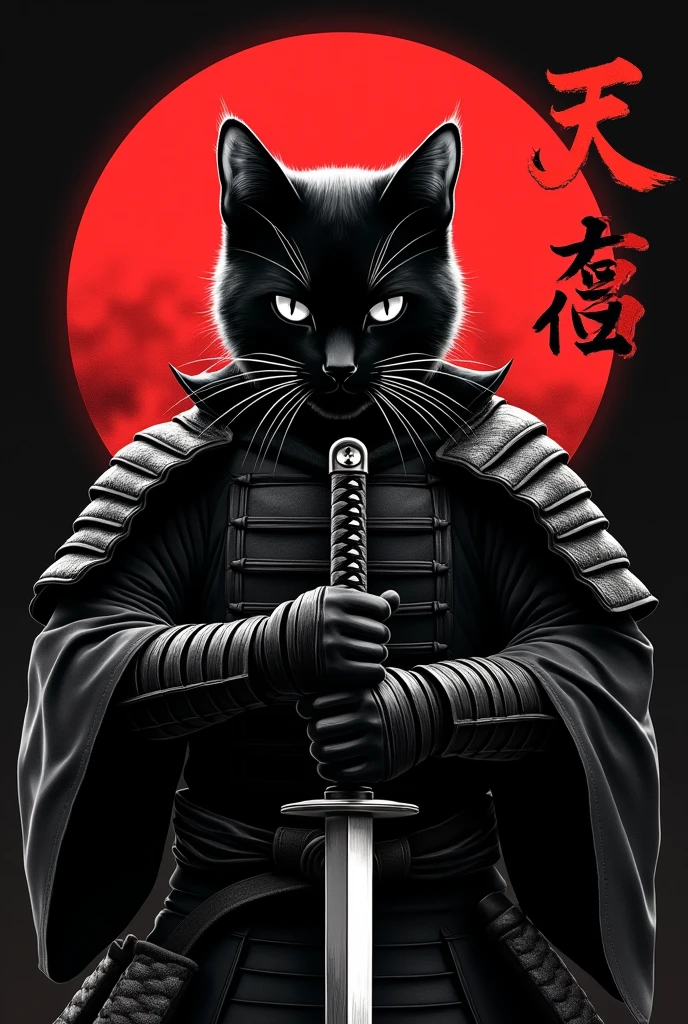"A black and white cat with a samurai helmet and armor, holding a katana in front of a red sun. The cat is looking directly at the viewer with a serious expression. The background is black. The kanji for "death" is written in the top right corner."