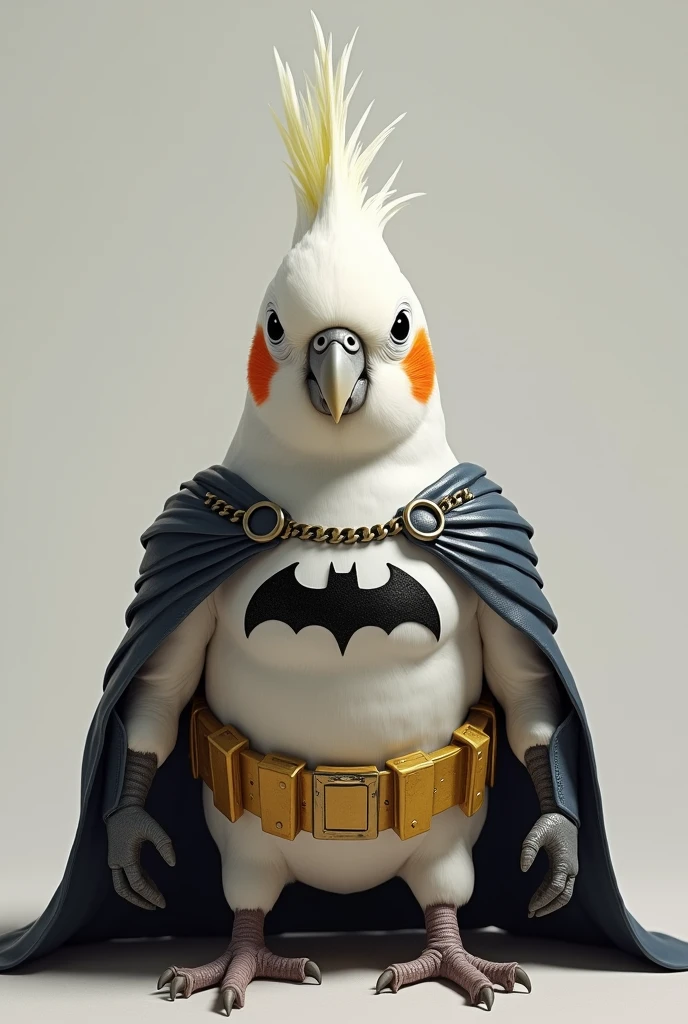 Make a white cockatiel without any red spots on its face, just white and with a batman costume More realistic and with the white topknot, and the beak is beige