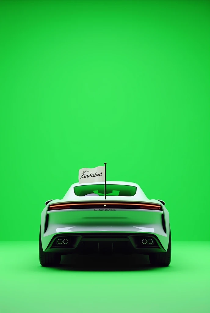 "A beautifully designed car positioned straight, at a perfect 0-degree angle, on a green screen background. The car is sleek and elegant, with modern lines. Attached to the back of the car is a plain flag that waves gently, displaying the words 'Islam Zindabad' in bold, clear script. The image is clean and precise, with the green screen allowing for easy customization or editing."