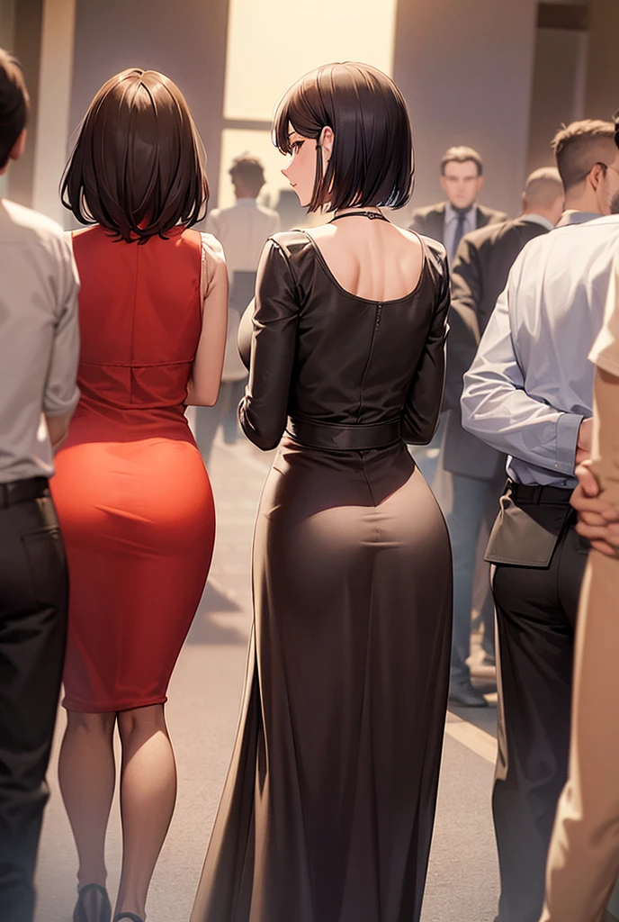 masterpiece, High detail, 1 female,Woman from behind,Bob Hair,1 male,Men talk to women,Having a conversation,office