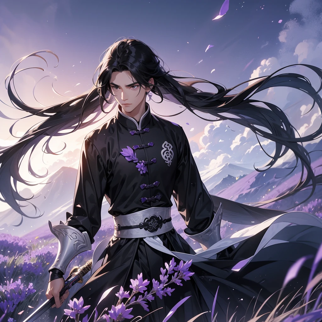 A Handsome black-hair male holding a large sword in black-white ancient general chinese, close up.
Stroll among the purple lavender fields , There are some floating clouds,