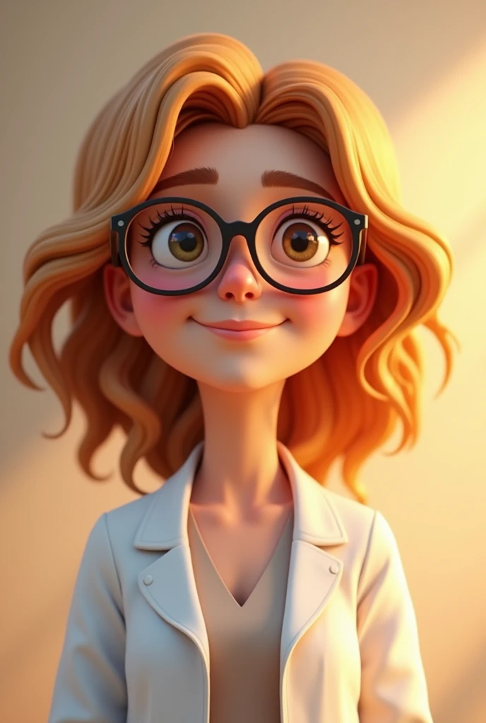 Pixar 3d type tone, I need a young biochemist with wavy honey-colored hair and big glasses, tender look, a beautiful smile, to be able to use png on a card