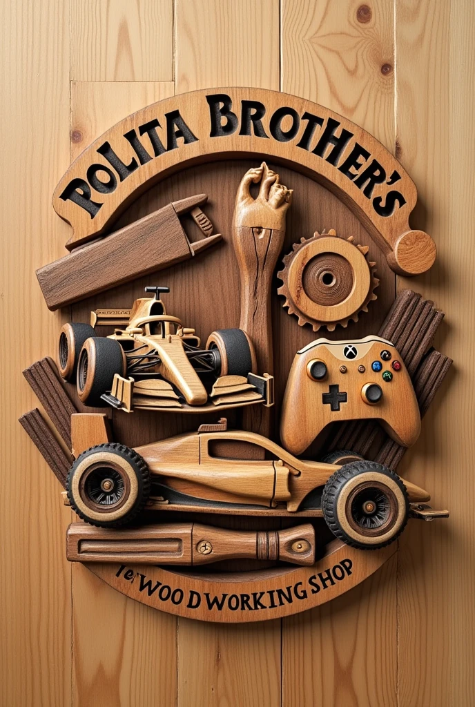 Create a Wood Working Shop logo with the name Polita Brother&#39;s written on top. With saw, circular saw, formula 1 car, hammer a cat and an xbox controller. All engraved in wood. Na parte inferior escrita a frase Wood Working Shop