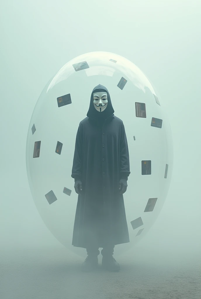 person with anonymous mask, inside a white floating bubble , with credit cards in the background of the image