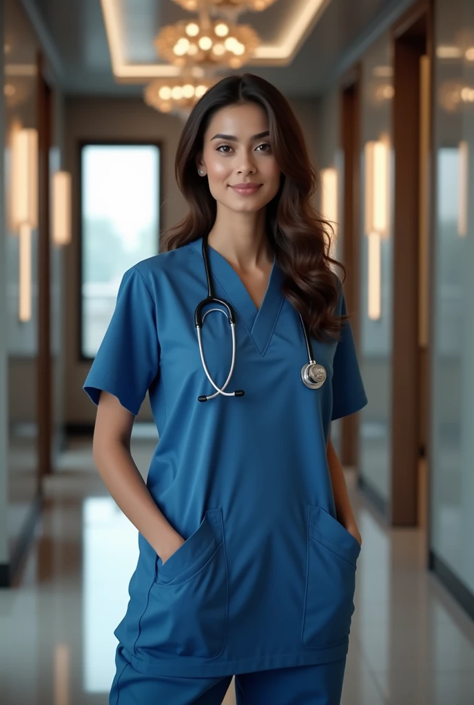 pakistani doctor, blue scrubs, aesthetic clinic, standing in hallway, beautiful detailed eyes, beautiful detailed lips, extremely detailed face and features, intricate details, photo-realistic, 8k, high resolution, masterpiece, cinematic lighting, dramatic shadows, warm color tones, elegant, professional
