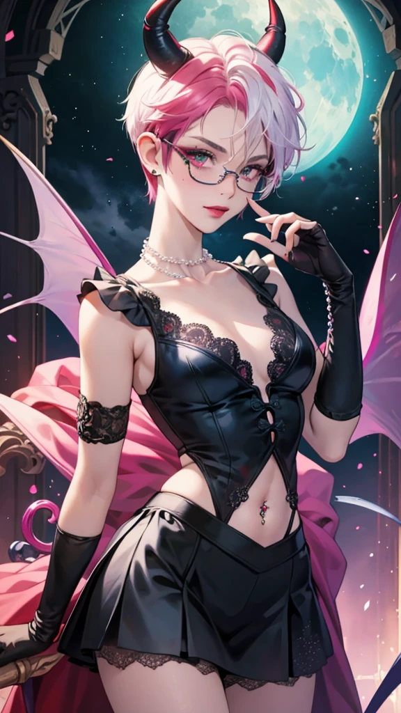 8k, masterpiece, best quality, highly detailed, 1 girl, tiefling, warlock, pixie cut, multicolored hair, very short straight hair red highlight hair on white hair, strippled hair, wearing glasses, round glasses, earrings, navel piercing, red eyeshadow, long eyelashes, blushed cheek, red lips, pearl necklace, rings, collarbone, mole on face, glamorous, teal and pink clothes, sleeveless, miniskirt, smirk, close up view, rings, looking at viewer, demon horns, solo, starry sky, pale blue moon, standing, demonic arms, chains on the background, black lace gloves, hand touching glasses.