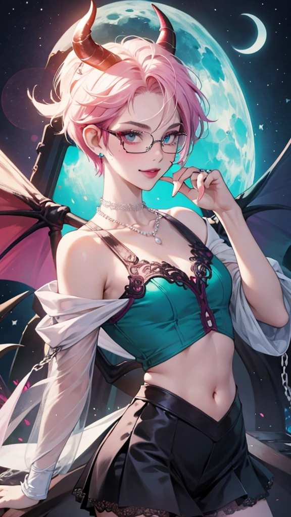 8k, masterpiece, best quality, highly detailed, 1 girl, tiefling, warlock, pixie cut, multicolored hair, very short straight hair red highlight hair on white hair, strippled hair, wearing glasses, round glasses, earrings, navel piercing, red eyeshadow, long eyelashes, blushed cheek, red lips, pearl necklace, rings, collarbone, mole on face, glamorous, teal and pink clothes, sleeveless, miniskirt, smirk, close up view, rings, looking at viewer, demon horns, solo, starry sky, pale blue moon, standing, demonic arms, chains on the background, black lace gloves, hand touching glasses.