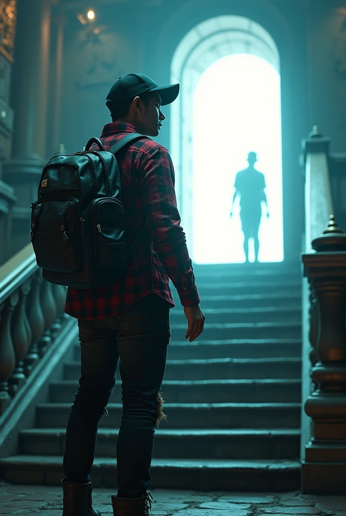 Hyper realistic, depict dramatic scenes with strong color contrasts, especially in shades of gold and cyan, depicting environments that appear otherworldly. In the middle, there was a white door emitting bright light, with the silhouette of a person standing in the doorway. Face detailed. Look straight ahead. 26yo Indonesian man wearing dark red flannel shirt and dark ripped jeans pants and black hiking hi-shoes with black backward trucker hat, wear dark leather backpack, masculine photoshoot pose, arrogant man expression. On the side of the stairs leading to the door. The setting includes architectural elements such as stairs and railings that have an otherworldly ancient design.