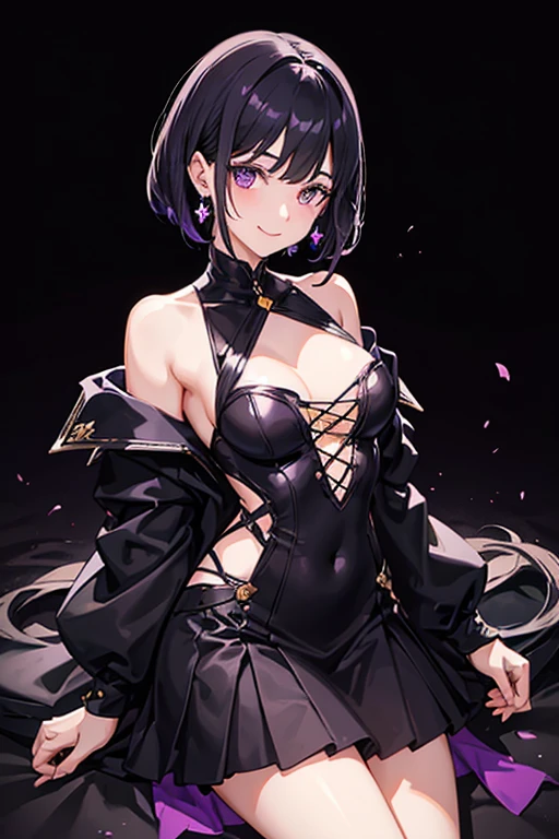 Black Hair, Sideburns,Hair cut at shoulder height, Straight Hair, chest, Crescent-shaped earrings, Purple eyes, Bright Eyes, smile, One girl, smile,Textured skin, Thin legs,high school girl,