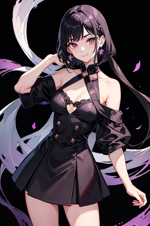 Black Hair, Sideburns,Hair cut at shoulder height, Straight Hair, chest, Crescent-shaped earrings, Purple eyes, Bright Eyes, smile, One girl, smile,Textured skin, Thin legs,high school girl,