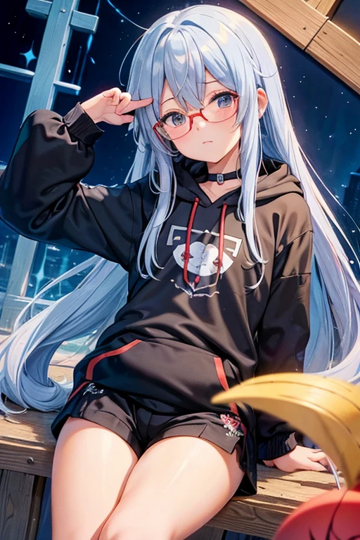 Angelic French doll, Stocky, Brightly colored hoodies, In shorts, Blue Hair ,Disheveled long hair, (anime: 1.2), Wearing glasses, Asymmetrical bangs, masterpiece, Tengu, (Fortuneteller: 0.8), (sleepy: 0.8), Intimate, フレンドリー, 風を受けている, 濡れた髪, anime, ざぁこ♡, 寒い, ハッピー