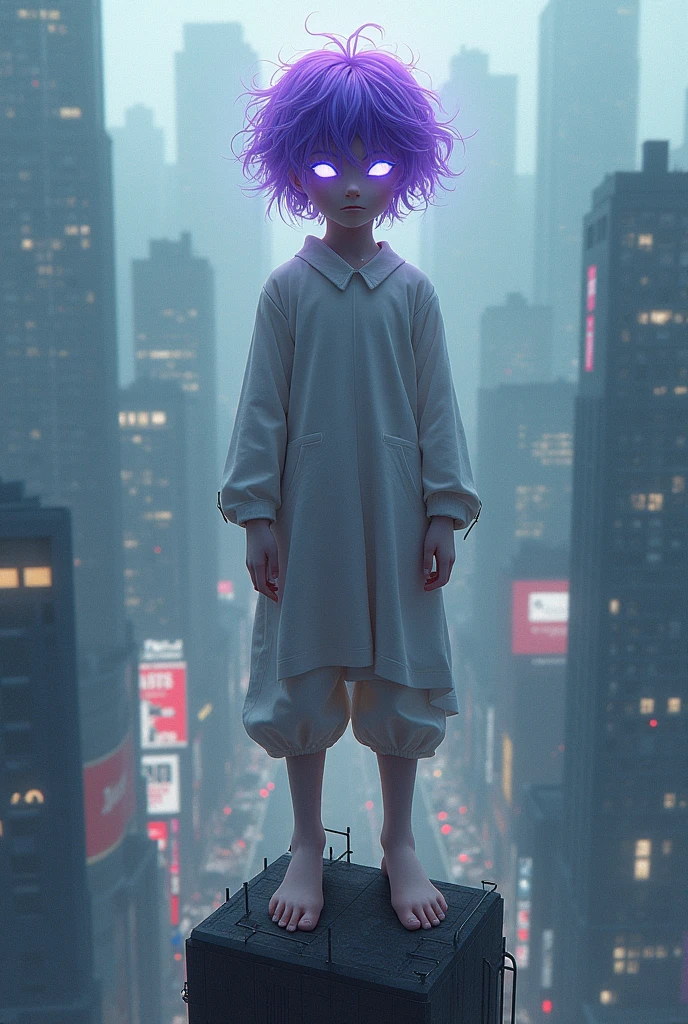 A 2 meter tall boy with messy purple hair and shining eye and white skin atop a tall building in a city