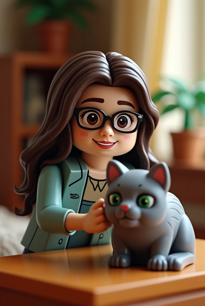 Create a lego of a young woman with dark brown hair and light bangs, Wearing glasses , smiling with a long-haired gray cat with green eyes. looking ahead