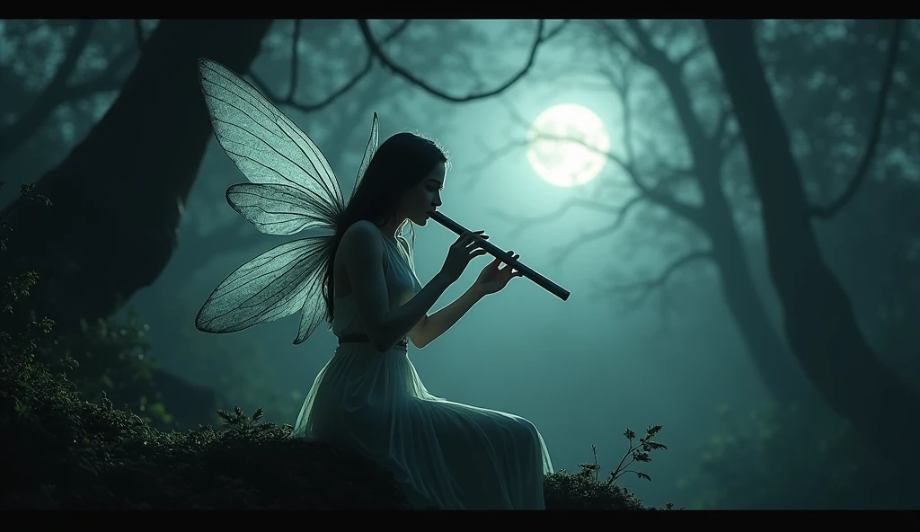 A dark, mysterious scene where a fairy with translucent wings plays a melancholic tune on her flute, surrounded by shadows in a moonlit forest. The full moon casts eerie light through the trees, creating deep contrasts. The camera moves slowly and deliberately, focusing on the intricate details of the fairy’s wings and the ominous atmosphere around her. The 4K resolution captures the sharpness and depth of the shadows and light.