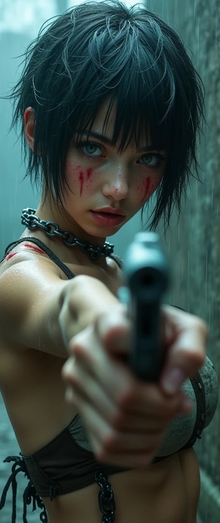 a beautiful white woman with black hair, western, Youngh, 20 year, short buzzcut style hair, (breasts big:2.0), she has a thin face, she has straight bangs down to her eyebrows, wavy and messy hair, she&#39;s pointing a gun at me, His eyes are teary, hunter's look, (sobbing:2.0), (tears:2.0), pale skin with visible veins, there are knife cuts on her skin, she has a piercing gaze with her sky blue eyes, she has thin lips and a wide mouth, she has freckles, long thin nose, the eyebrow is furrowed, thin eyebrow, your left eye is narrow, she wears old rags and a thick chain wrapped around her neck, prison chain, her makeup is smudged, real image like a mirror, life like, uhd, hyper detailled, motion and depth blur, olhos hyper detailleds, it's raining heavily, hair wet, wet face, raindrops falling, particle blur near the camera, lensflare, she has bruised lips with red stain, her nose and cheek are red, reddish eyes, ela usa um short jeans, she shows me a playing card
