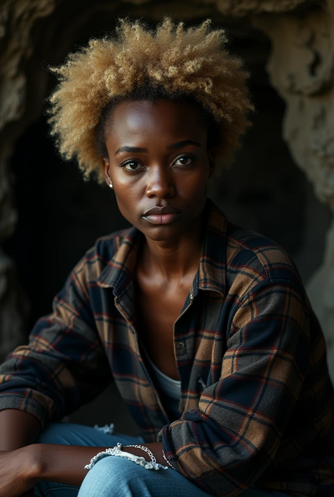 photograph of a woman, (troubled facial expression), textured skin, goosebumps, blonde afro hair, plaid flannel shirt with distressed boyfriend jeans, cowboy shot, dark and mysterious cave with unique rock formations and hidden wonders, perfect eyes, (candlelight,chiaroscuro), Porta 160 color, shot on ARRI ALEXA 65, bokeh, sharp focus on subject, shot by Don McCullin