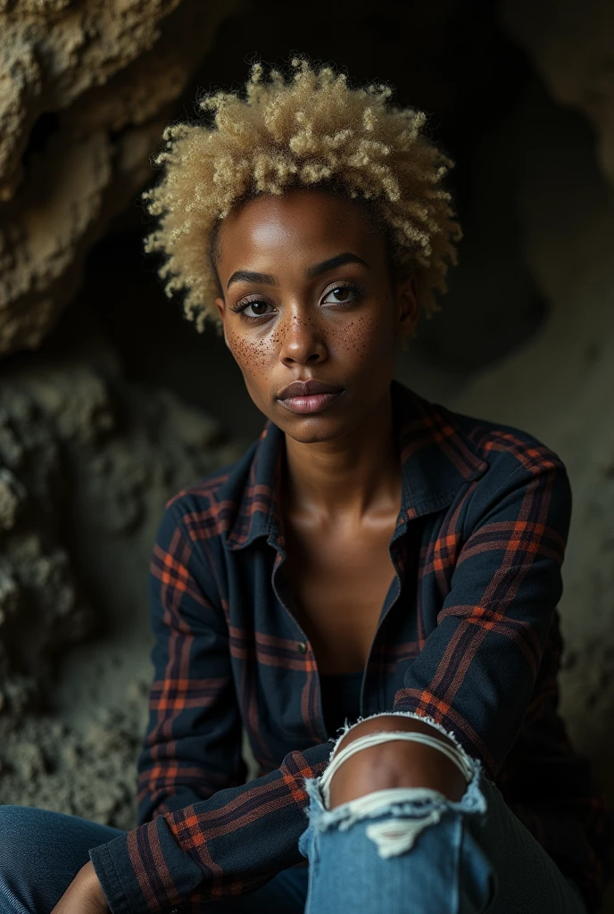 photograph of a woman, (troubled facial expression), textured skin, goosebumps, blonde afro hair, plaid flannel shirt with distressed boyfriend jeans, cowboy shot, dark and mysterious cave with unique rock formations and hidden wonders, perfect eyes, (candlelight,chiaroscuro), Porta 160 color, shot on ARRI ALEXA 65, bokeh, sharp focus on subject, shot by Don McCullin