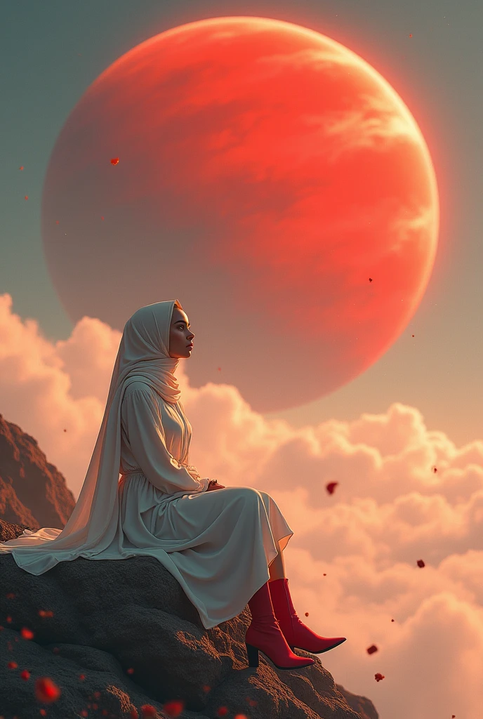 The image shows a young woman with long hijab, flowing hijab. She is wearing a white dress and red boots. She is sitting on a rocky surface, with a large, red planet in the background. The scene is lit by a soft, warm light, which gives the image a dreamy, ethereal quality. The woman's expression is wistful, and her eyes seem to be gazing into the distance. The image is full of detail, and the artist has captured the woman's beauty and grace in a very realistic way.