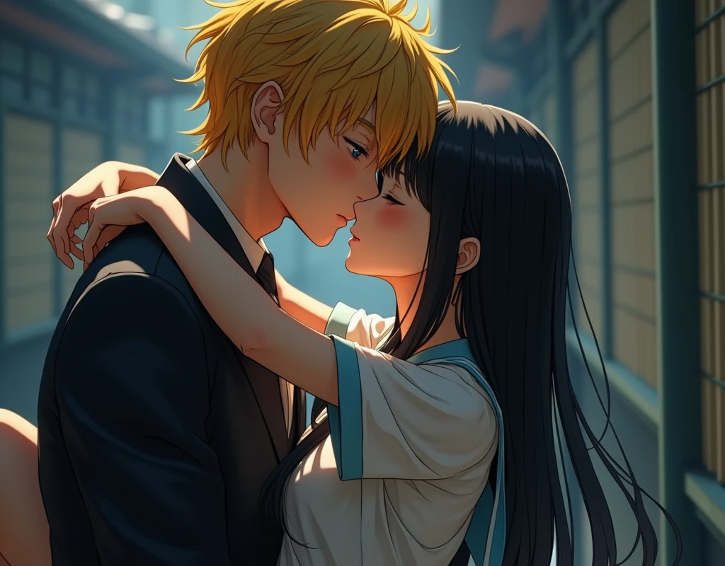 (32K:1.9, Realistic:1.9, Highest quality, masterpiece, Ultra-high resolution), Perfect dynamic composition:1.3, Highly detailed skin and facial textures:1.3, Cute sexy slim Japanese girl, (Slimman, Height about 180cm), (They both close their eyes, A man carries a woman in his arms and kisses her:1.3), Fair skin, ((Clarity:1.1)), (The guy has a great uniform:1.3, Bright yellow hair, beautiful目:1.3), (The woman is wearing a uniform with a light blue tie..:1.3, Straight black hair.:1.3, smile:0.9, A man completely charms a woman:0.9, beautiful Blue Eyes, beautiful, Clear Eyes:0.8), Sexy Face:0.4, blush:1.1, (beautifulエロティシズムを醸し出す雰囲気:0.8), Professional random camera work, Cinematic Lighting Effects, (Full Body Shot), (Too erotic), romantic, mysterious, Object of admiration, original, dramatic, artistic, Innovative, charm, Heartful, Fancy, Tilt, sense of loss, special, exciting, Extreme, sense of openness, joy, joyの表現, ((若さのcharm, 女性的なcharm))