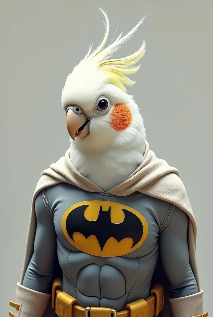 Make a white cockatiel without any red spots on its face, just white and with a batman costume More realistic and with the white topknot, and the beak is beige