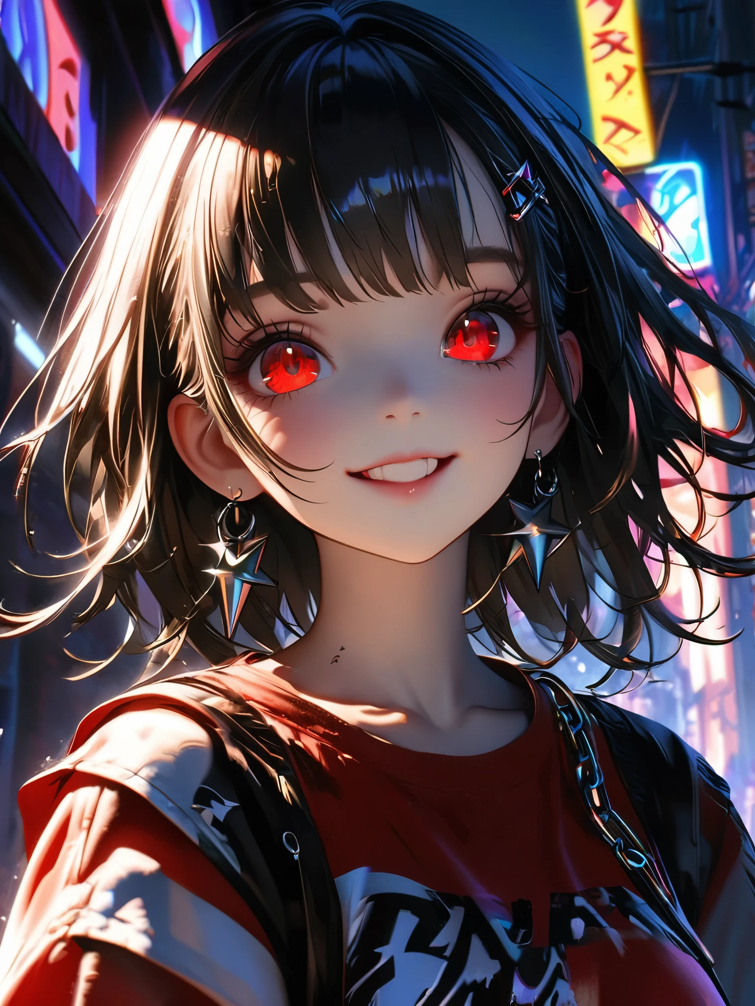 1 girl, chromatic aberration, Written boundary depth, Soft Light, masterpiece, Highest quality, complicated, Tone Mapping, A place where fireworks are set off at festivals. Concept Art, Smooth, Clear focus, Dramatic lighting, Very cinematic, super practical painting, アートステーション's trending, 8k, Incredible Shadows, practical, whole body, View, Viewers, Portrait of a Girl 1, standing on street corner, Heavy rain and lightning、Dark Sky, neon and cyber punk background, she is dressed in punk clothing with silver chains and silver spikes, Her hair was dyed a bright black color..........Ominous aura of light, smile, punk, ciber punk, Backlight.Fashionable clothes、Friendly dress code:Wearing a cute red dress.My breasts are a little big.Beautiful red eyes