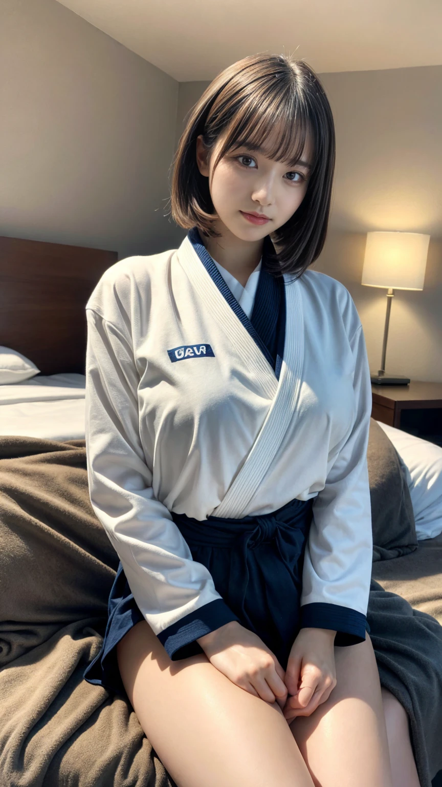 masterpiece, best quality, illustration, Super detailed, fine details, High resolution, 8K,wall paper, perfect dynamic composition,(Details High quality, realistic depiction of eyes:1.3), oversized judo uniform white, sitting, open legs, short bob hair, in a hotel room in the background, large breasts, black hair color, Big Natural Color Lip, (perfect body shape), crying a little、Harajuku style、20 year old girl、cute type、beautiful legs, Gravure Idol