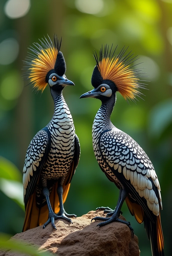 A pair of rare species of birds ,unique ,black and white batik motif color on the body with beautiful feather motif, exotic with a crest like an upright black antenna with yellow tips, 
Tropical forest as background, sunny and cool weather, real pict, 8k, super detail. 