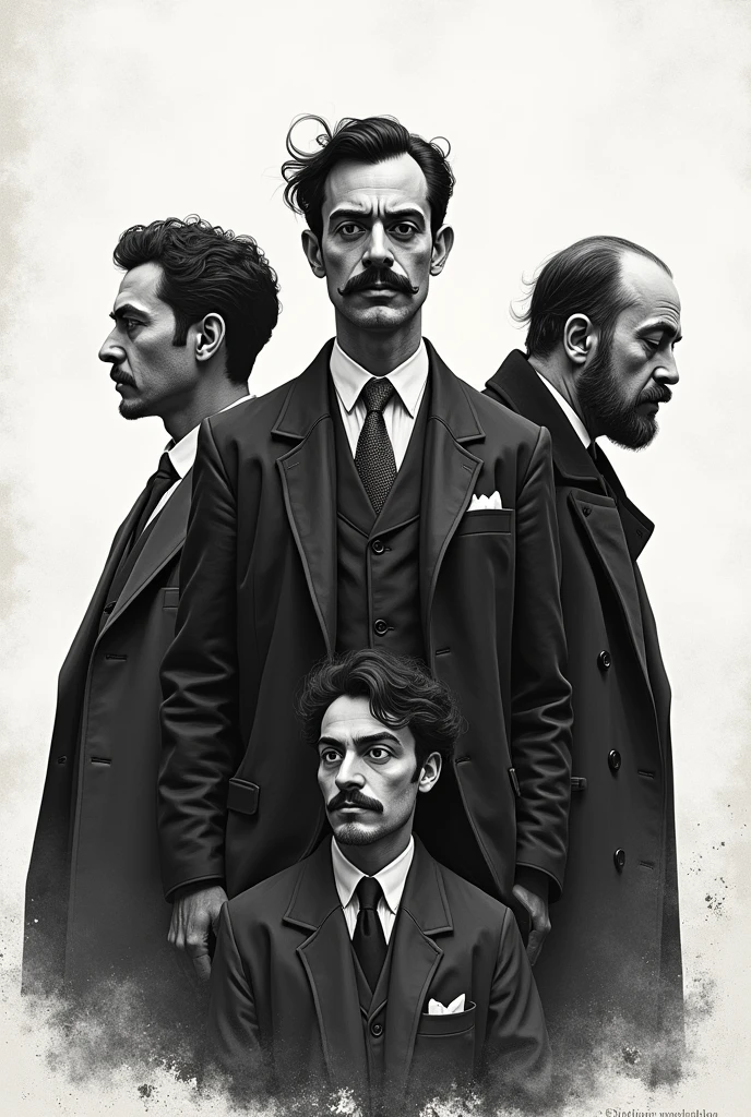 Illustration by Fernando Pessoa accompanied by Alberto Caeiro To the left of Pessoa, Ricardo Reis On the right, and Alvaro de Campos At the bottom. Choose a black and white illustration style, bottomless, that gives a nostalgic and literary air to the composition.